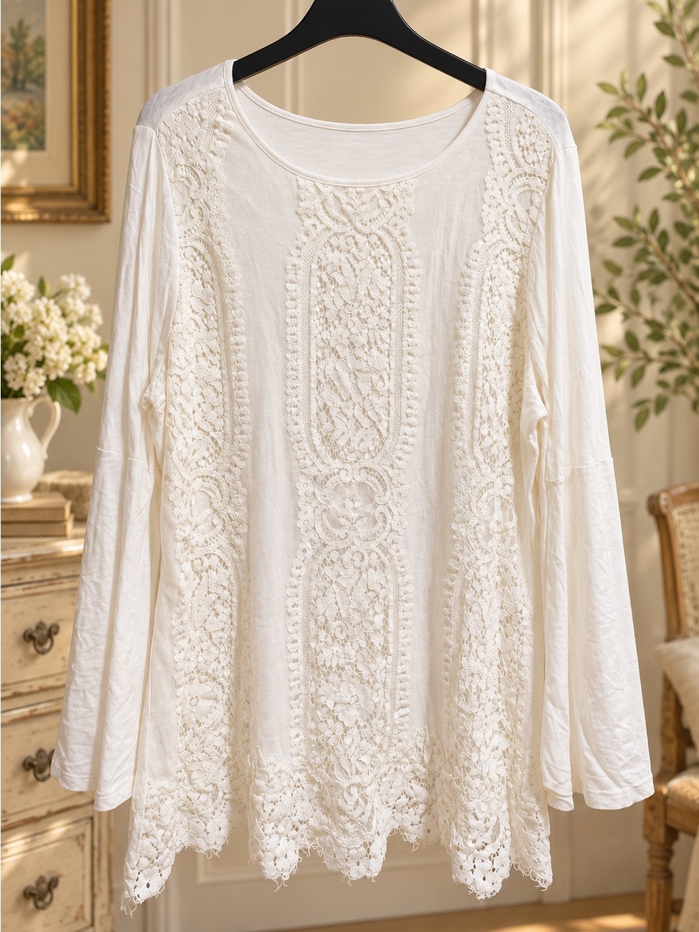 Chicos Women's Cream Lace-Panel Long Sleeve Top | 0103